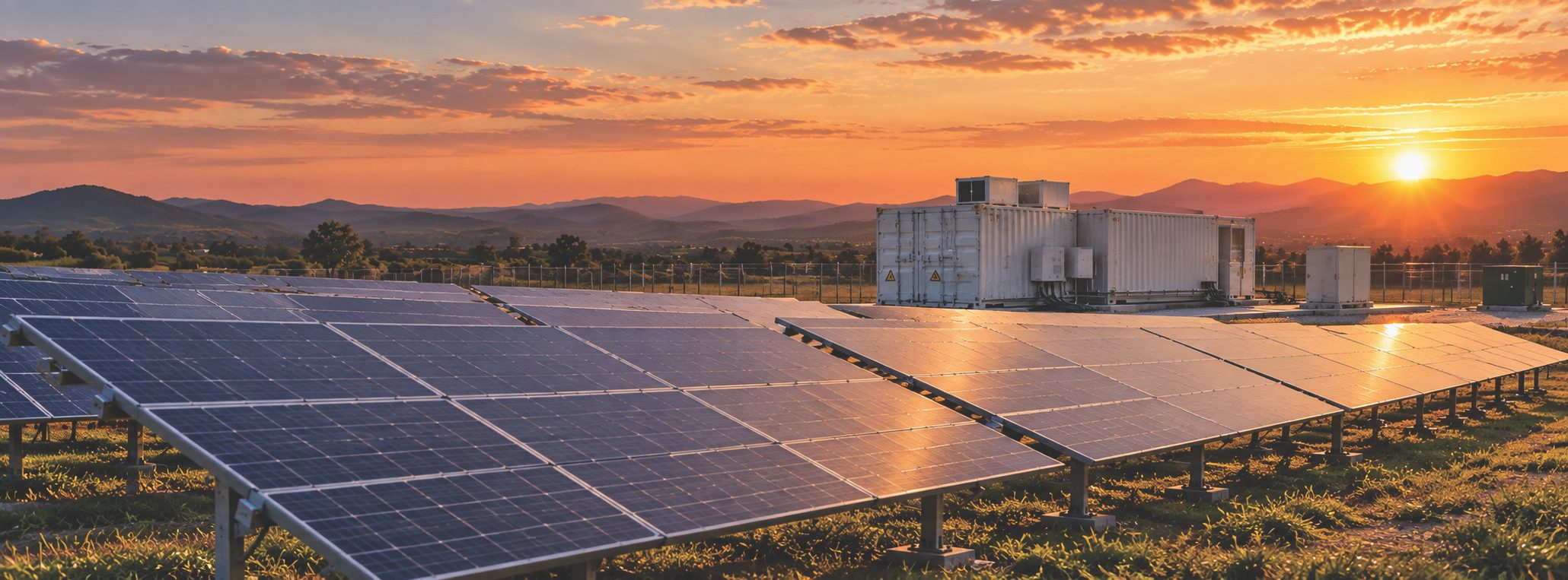 Contêineres do DataHub ao lado de painéis solares ao pôr do sol