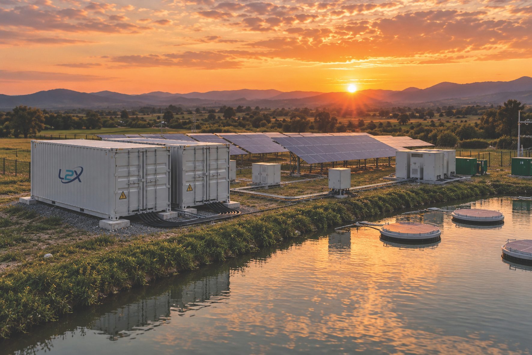 Imagem ilustrativa do Immersive DataHub: contêineres L2X, painéis solares e lagoa ao pôr do sol